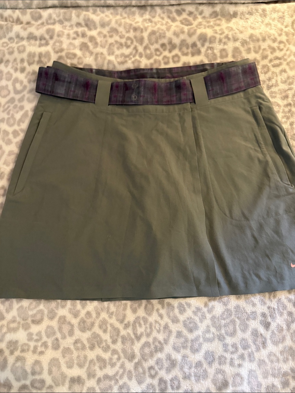 Nike Olive Green Mini Shorts with Purple Plaid Waistband